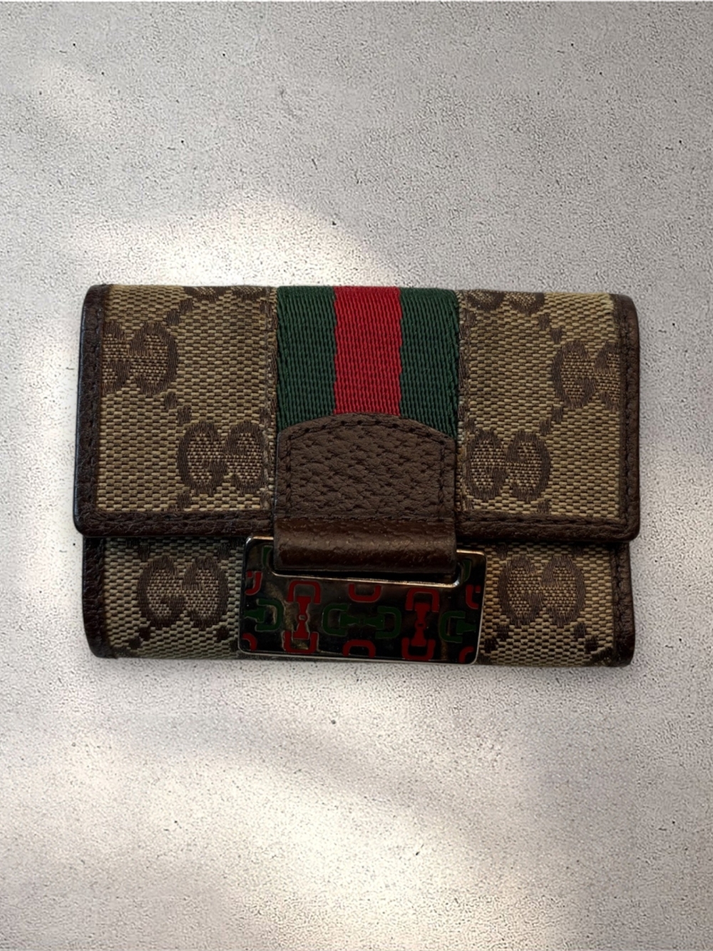 Gucci GG Canvas Web Stripe 6 Key Holder Case Horsebit Plate Brown Leather